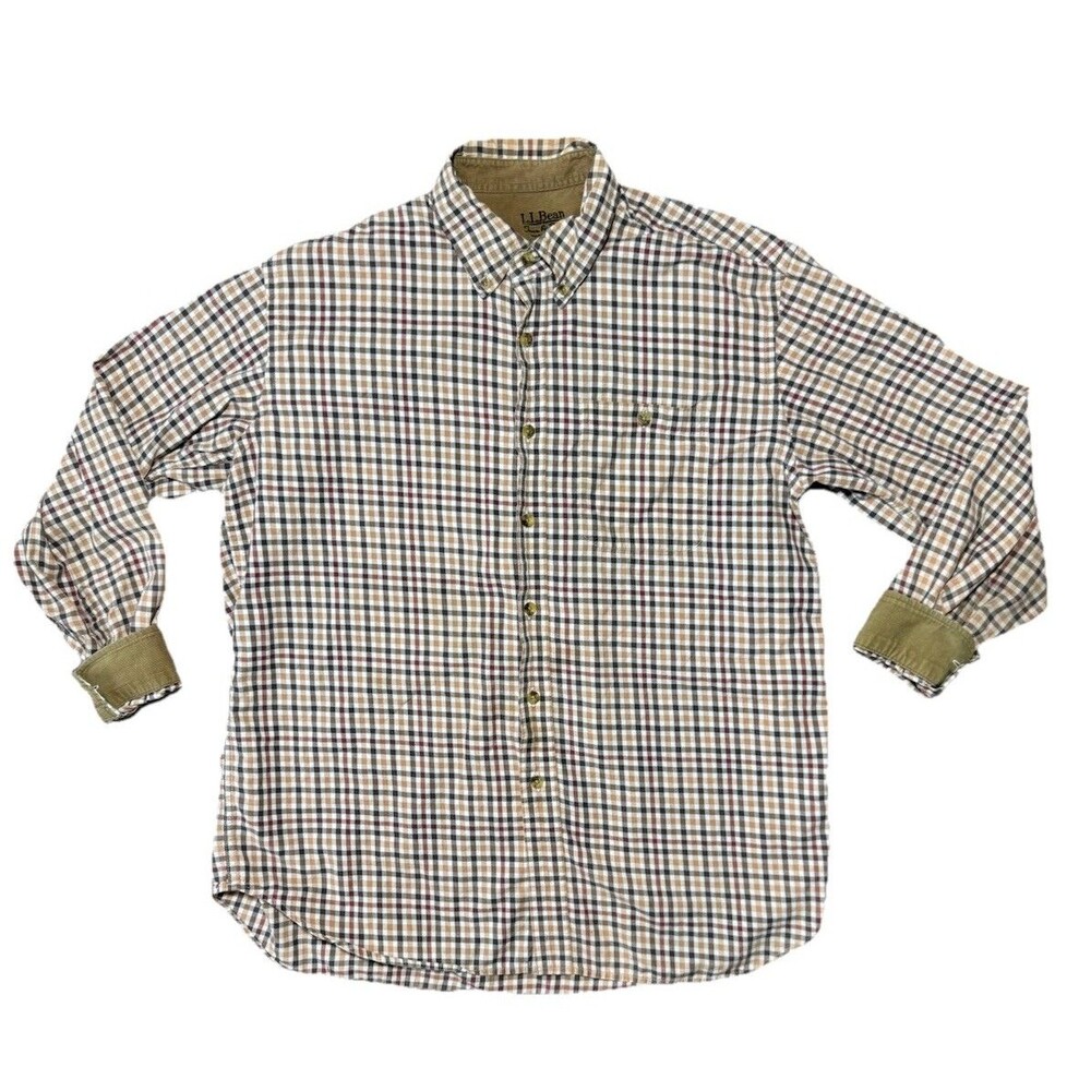 LL Bean Shirt Men L Beige Plaid Flannel Button Field And Stream Casual Outdoors